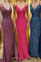 Sparkle Mermaid Sequin Long Semi Formal Prom Dress with Slit